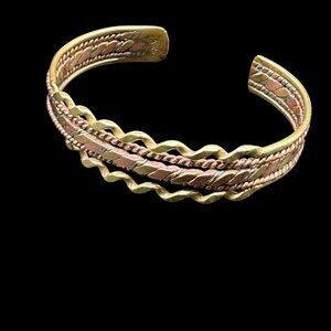 Vintage Artisan Mixed Metal Cuff Bracelet Brass Silver Cooper Tooled Twisted